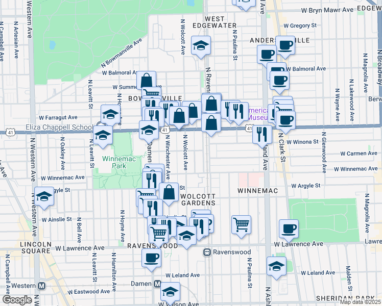 map of restaurants, bars, coffee shops, grocery stores, and more near 1901 West Winona Street in Chicago
