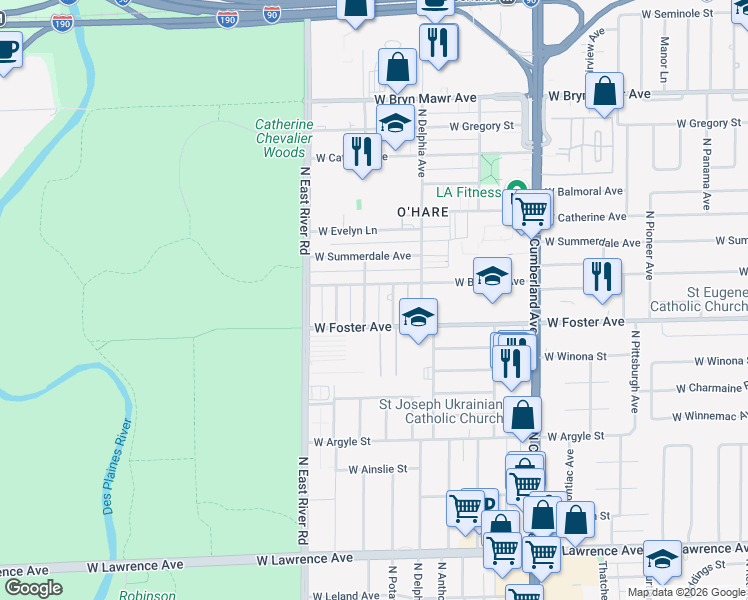 map of restaurants, bars, coffee shops, grocery stores, and more near 5227 North Oakview Street in Chicago
