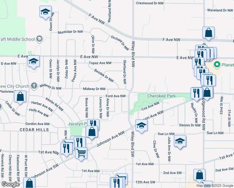 map of restaurants, bars, coffee shops, grocery stores, and more near 4320 Ford Avenue Northwest in Cedar Rapids