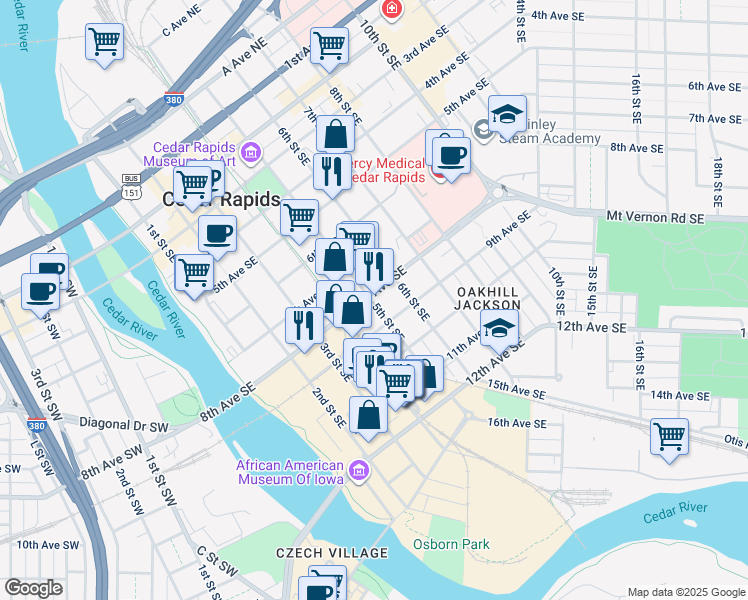 map of restaurants, bars, coffee shops, grocery stores, and more near in Cedar Rapids