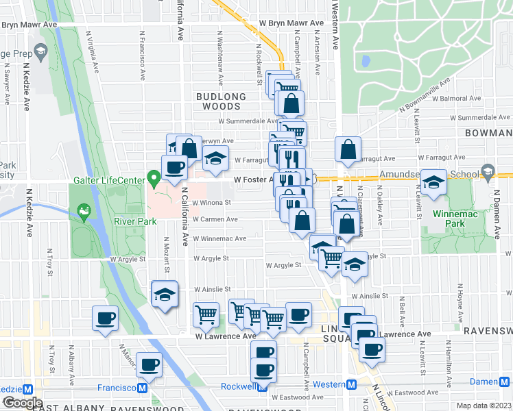map of restaurants, bars, coffee shops, grocery stores, and more near 2609 West Winona Street in Chicago