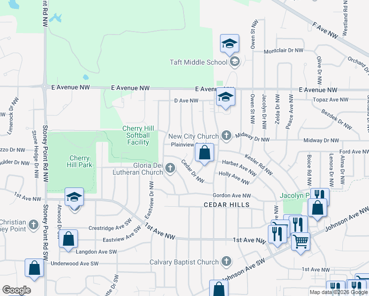 map of restaurants, bars, coffee shops, grocery stores, and more near 5483 Plainview Dr NW in Cedar Rapids