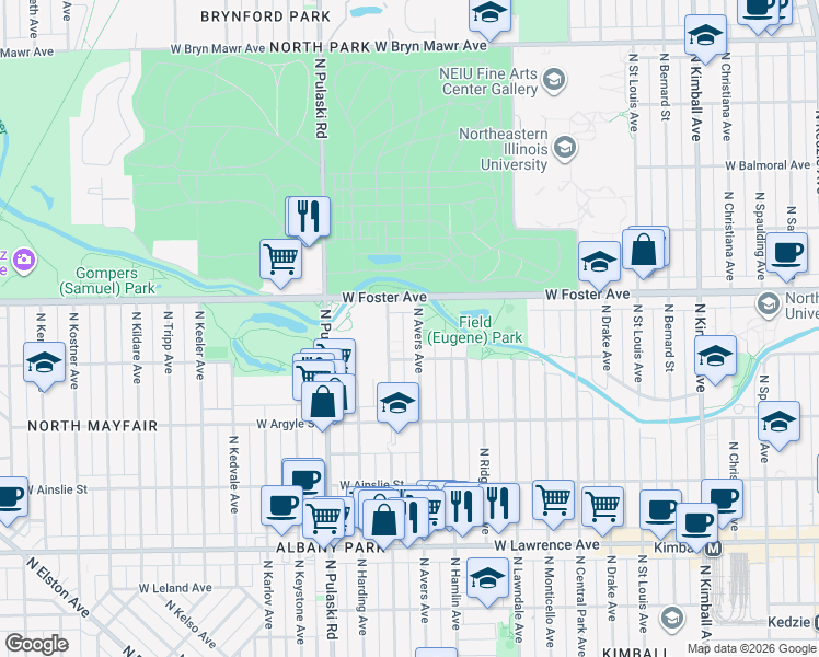 map of restaurants, bars, coffee shops, grocery stores, and more near 5128 North Avers Avenue in Chicago