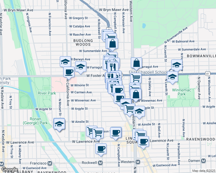 map of restaurants, bars, coffee shops, grocery stores, and more near 2515 West Winona Street in Chicago