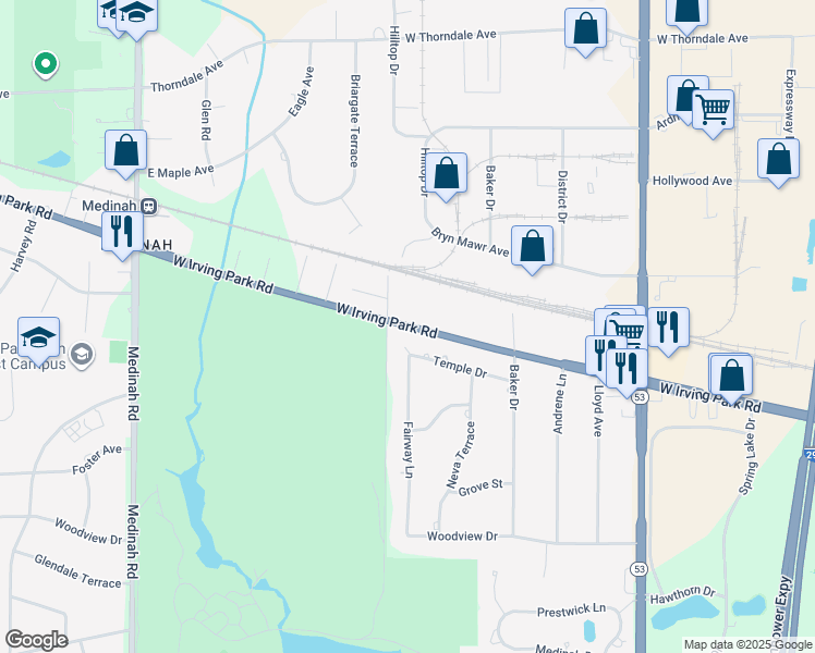 map of restaurants, bars, coffee shops, grocery stores, and more near 1573 West Irving Park Road in Itasca