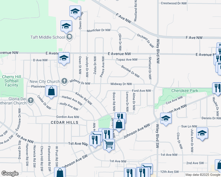 map of restaurants, bars, coffee shops, grocery stores, and more near 4720 Ford Avenue Northwest in Cedar Rapids