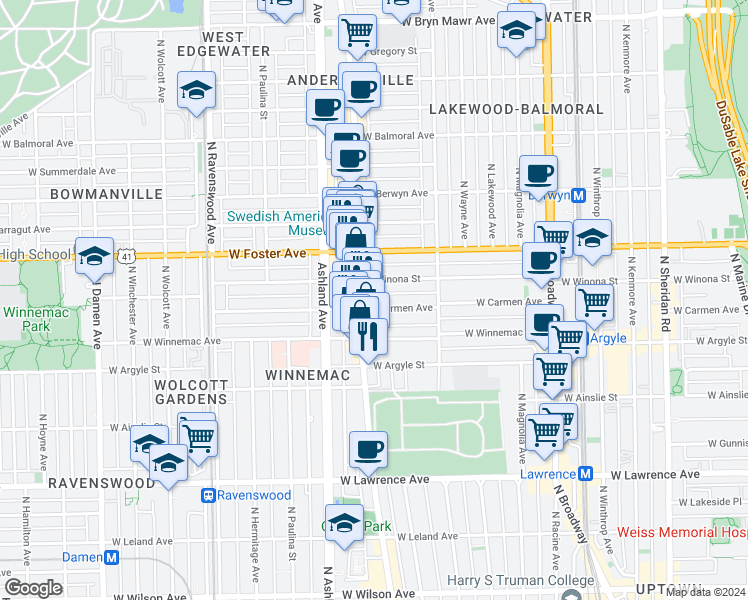 map of restaurants, bars, coffee shops, grocery stores, and more near 1470 West Carmen Avenue in Chicago