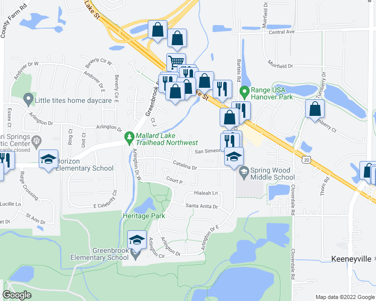 map of restaurants, bars, coffee shops, grocery stores, and more near 5600 Santa Cruz Drive in Hanover Park
