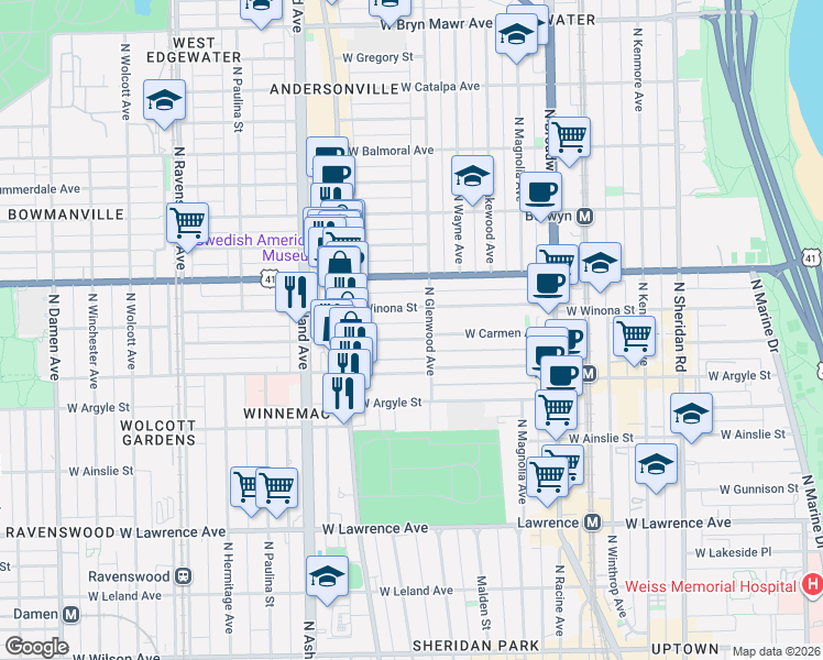 map of restaurants, bars, coffee shops, grocery stores, and more near 1430 West Carmen Avenue in Chicago