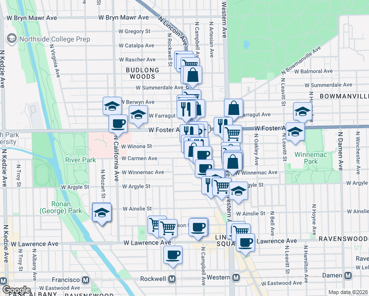 map of restaurants, bars, coffee shops, grocery stores, and more near 2515 West Winona Street in Chicago