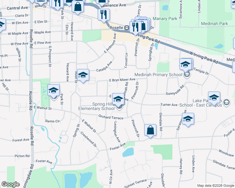 map of restaurants, bars, coffee shops, grocery stores, and more near 508 East Turner Avenue in Roselle