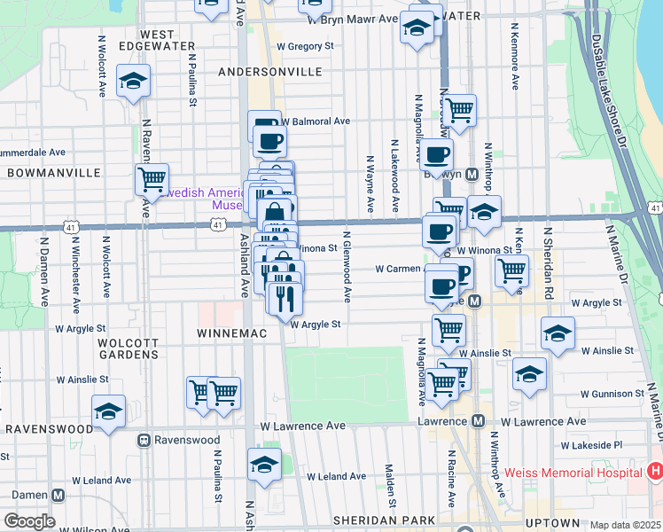 map of restaurants, bars, coffee shops, grocery stores, and more near 1416 West Carmen Avenue in Chicago
