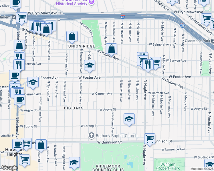 map of restaurants, bars, coffee shops, grocery stores, and more near 5129 North Normandy Avenue in Chicago