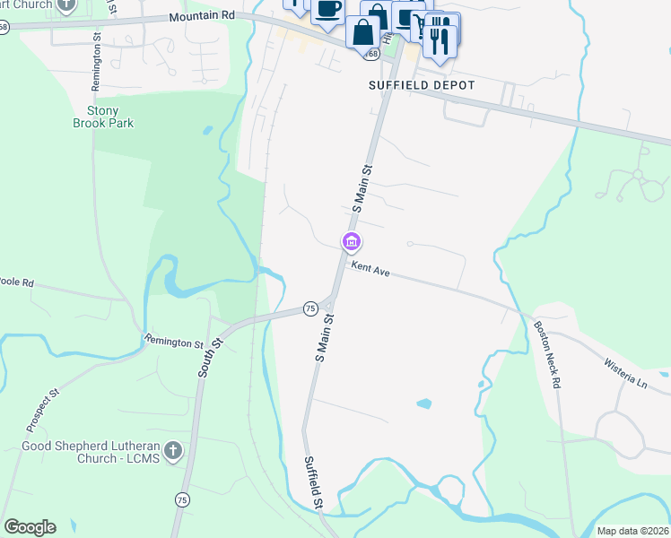 map of restaurants, bars, coffee shops, grocery stores, and more near 289 South Main Street in Suffield