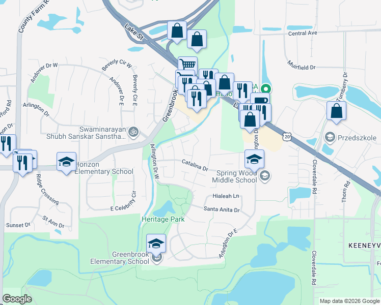 map of restaurants, bars, coffee shops, grocery stores, and more near 1368 Ct Maria in Hanover Park