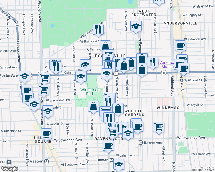 map of restaurants, bars, coffee shops, grocery stores, and more near N Damen Ave & W Winona St in Chicago