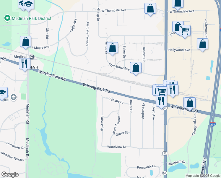 map of restaurants, bars, coffee shops, grocery stores, and more near 1451 West Irving Park Road in Itasca
