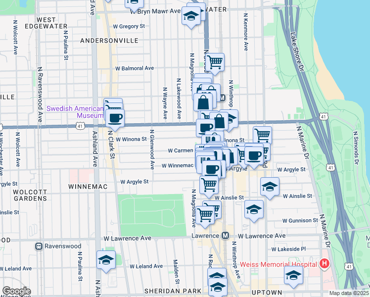 map of restaurants, bars, coffee shops, grocery stores, and more near 1241 West Carmen Avenue in Chicago