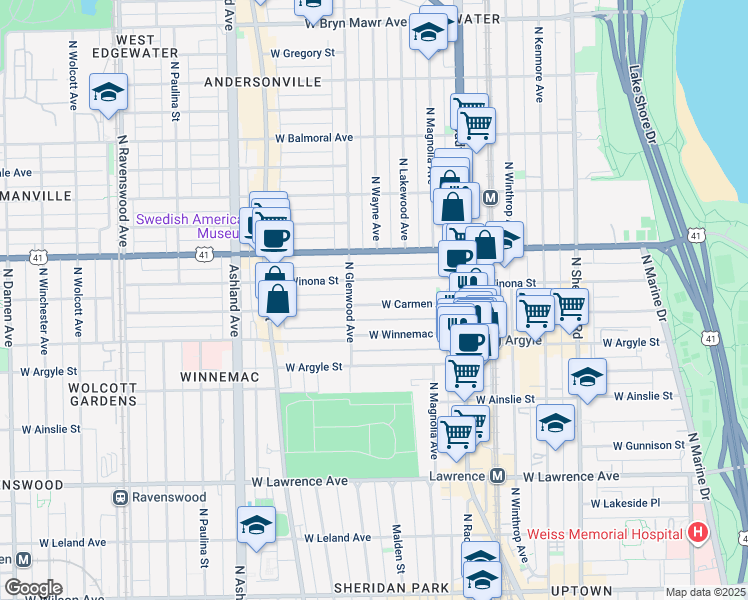 map of restaurants, bars, coffee shops, grocery stores, and more near 1319 West Carmen Avenue in Chicago