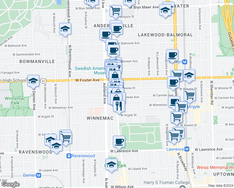 map of restaurants, bars, coffee shops, grocery stores, and more near 1472 West Carmen Avenue in Chicago
