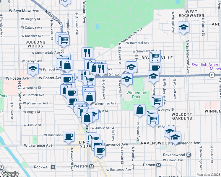 map of restaurants, bars, coffee shops, grocery stores, and more near 2231 West Winona Street in Chicago