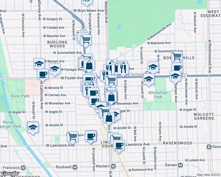 map of restaurants, bars, coffee shops, grocery stores, and more near 5107 North Western Avenue in Chicago