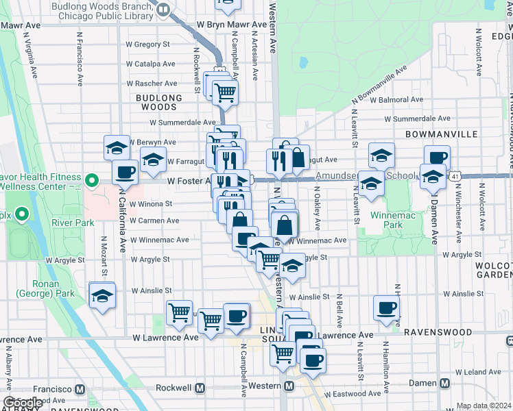 map of restaurants, bars, coffee shops, grocery stores, and more near 2421 West Winona Street in Chicago