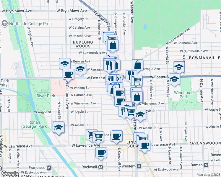 map of restaurants, bars, coffee shops, grocery stores, and more near 2515 West Winona Street in Chicago