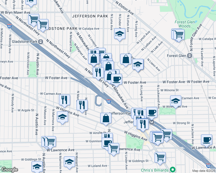 map of restaurants, bars, coffee shops, grocery stores, and more near 5154 North Northwest Highway in Chicago