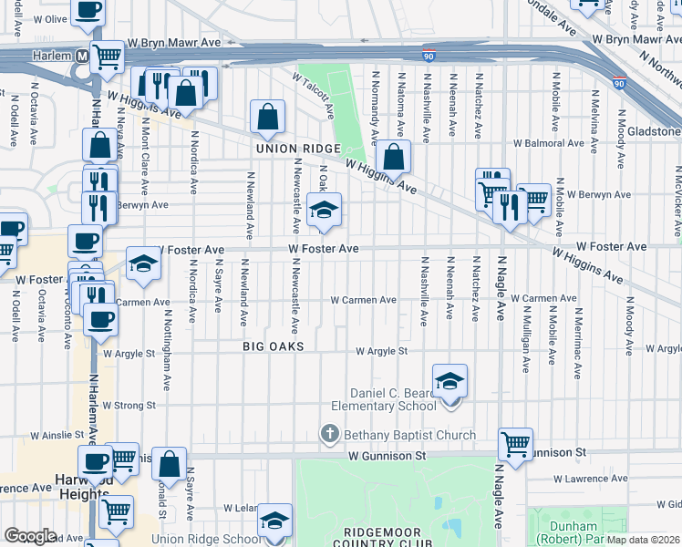 map of restaurants, bars, coffee shops, grocery stores, and more near 5123 North Rutherford Avenue in Chicago