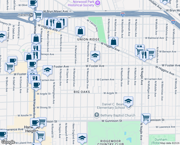 map of restaurants, bars, coffee shops, grocery stores, and more near 5122 North Oak Park Avenue in Chicago