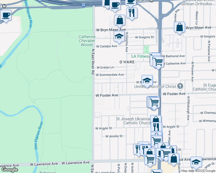 map of restaurants, bars, coffee shops, grocery stores, and more near 5222 North Oakview Avenue in Chicago