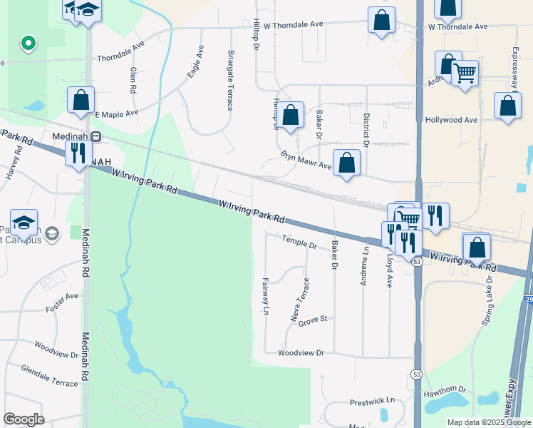 map of restaurants, bars, coffee shops, grocery stores, and more near 1573 West Irving Park Road in Itasca