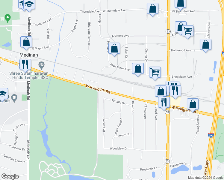 map of restaurants, bars, coffee shops, grocery stores, and more near 1499 West Irving Park Road in Itasca
