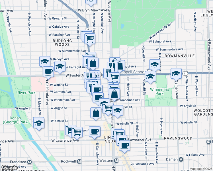 map of restaurants, bars, coffee shops, grocery stores, and more near 2421 West Winona Street in Chicago
