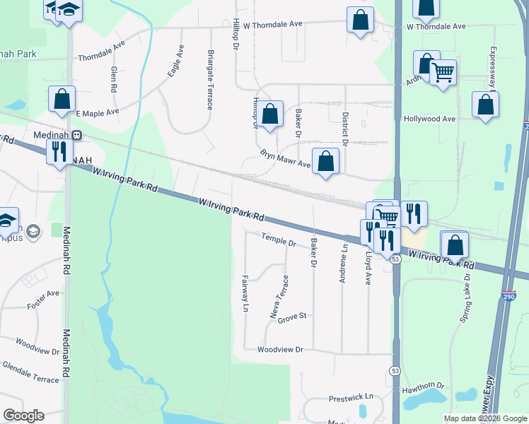 map of restaurants, bars, coffee shops, grocery stores, and more near 1531 Irving Park Road in Itasca