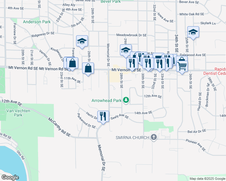 map of restaurants, bars, coffee shops, grocery stores, and more near 1030 Memorial Drive Southeast in Cedar Rapids