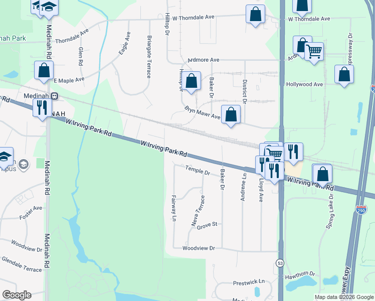 map of restaurants, bars, coffee shops, grocery stores, and more near 1531 West Irving Park Road in Itasca