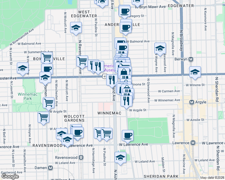 map of restaurants, bars, coffee shops, grocery stores, and more near 5110 North Ashland Avenue in Chicago