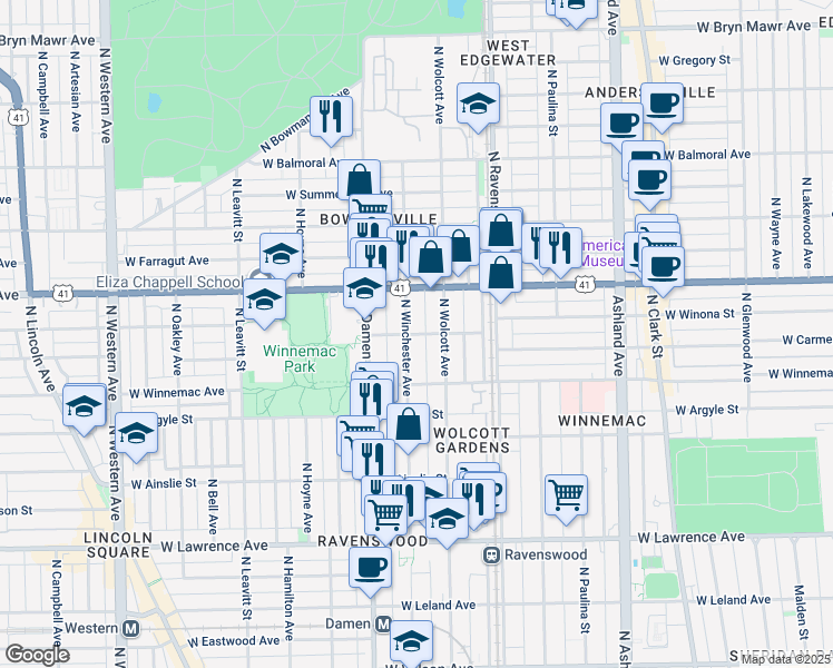 map of restaurants, bars, coffee shops, grocery stores, and more near 1927 West Winona Street in Chicago