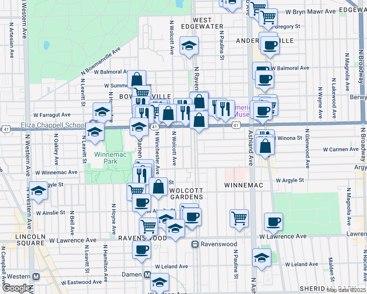 map of restaurants, bars, coffee shops, grocery stores, and more near 1829 West Winona Street in Chicago