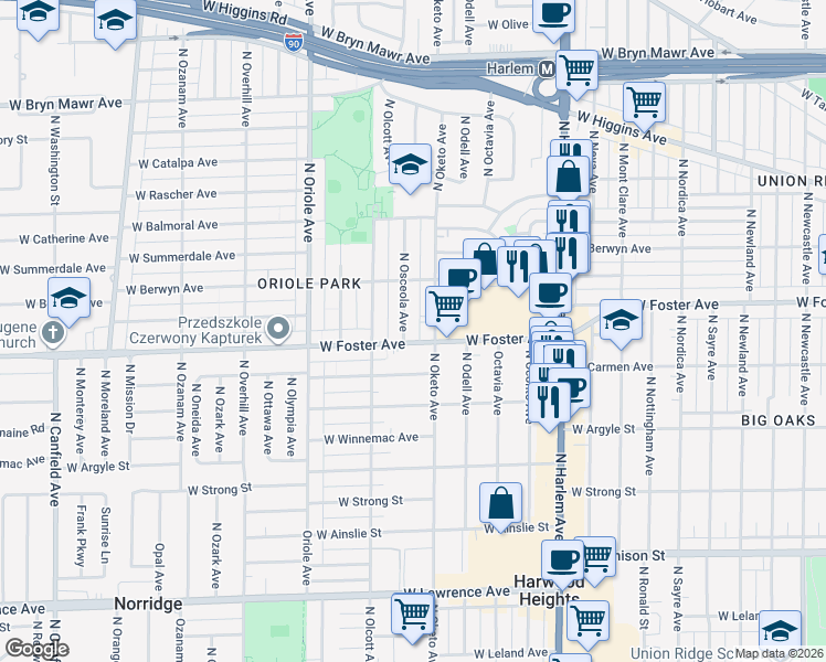 map of restaurants, bars, coffee shops, grocery stores, and more near 5209 North Osceola Avenue in Chicago
