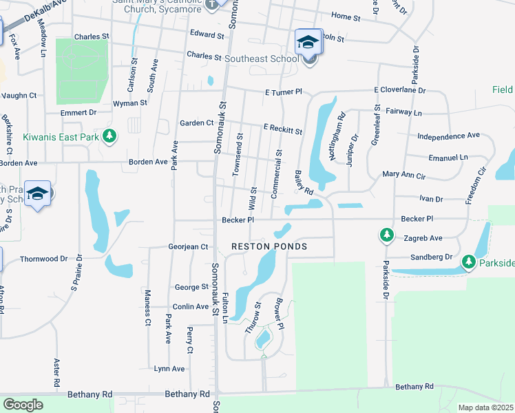 map of restaurants, bars, coffee shops, grocery stores, and more near 1227 Commercial Street in Sycamore