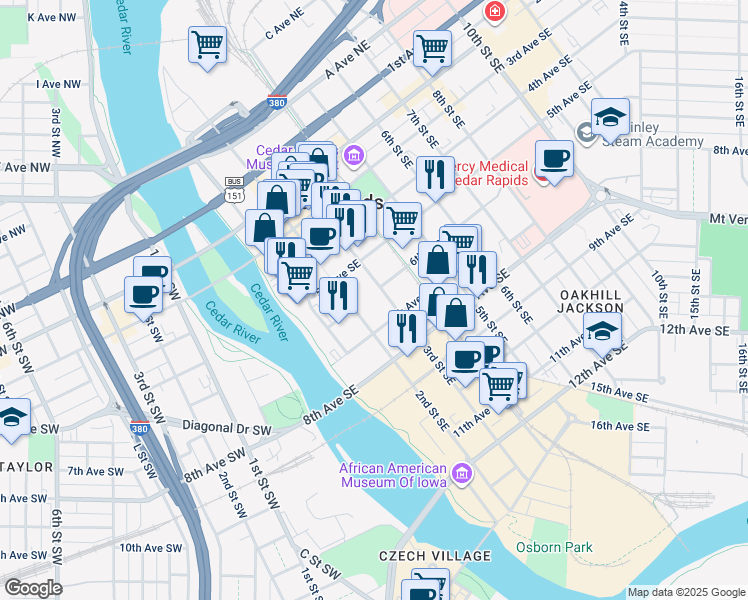 map of restaurants, bars, coffee shops, grocery stores, and more near 601 3rd Street Southeast in Cedar Rapids