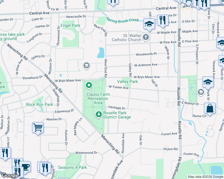 map of restaurants, bars, coffee shops, grocery stores, and more near 380 West Walnut Street in Roselle