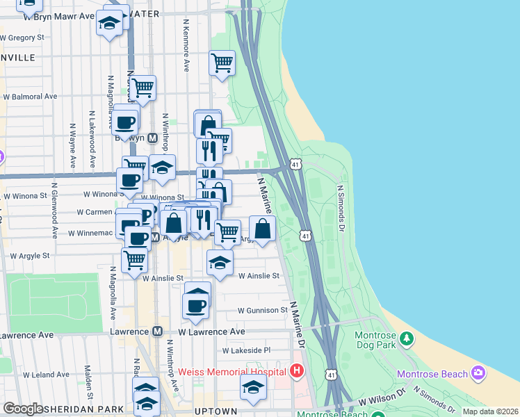 map of restaurants, bars, coffee shops, grocery stores, and more near 5040 North Marine Drive in Chicago