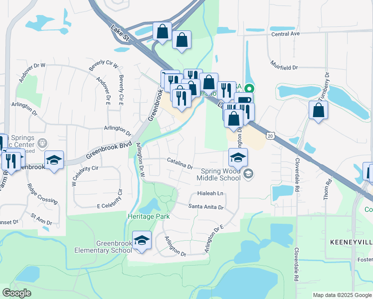 map of restaurants, bars, coffee shops, grocery stores, and more near 5629 Ct Leona in Hanover Park