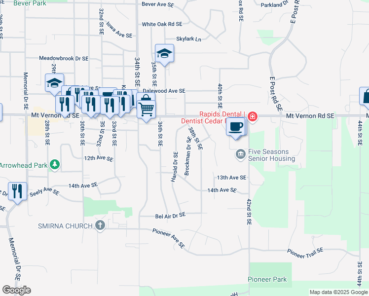 map of restaurants, bars, coffee shops, grocery stores, and more near 1112 Brockman Dr SE in Cedar Rapids