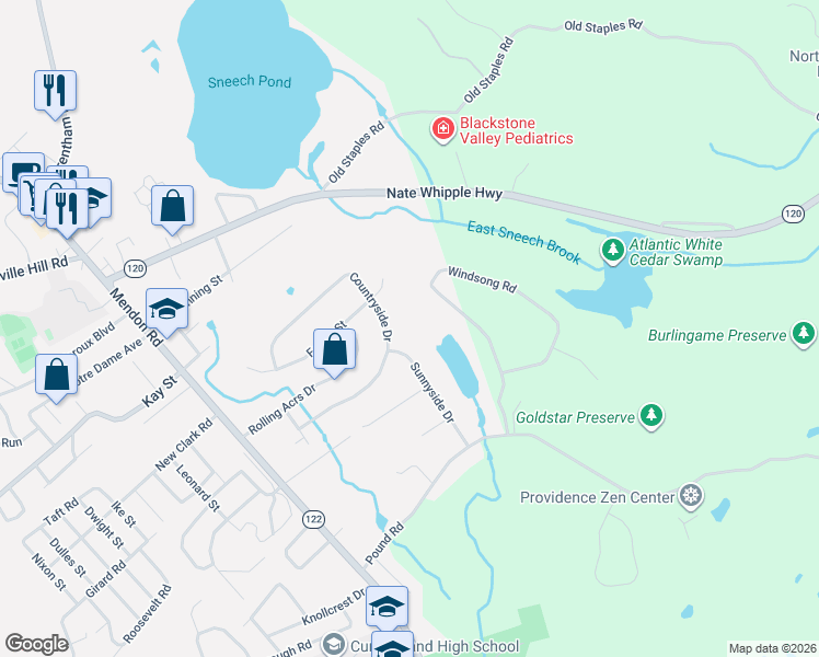map of restaurants, bars, coffee shops, grocery stores, and more near 43 Countryside Drive in Cumberland