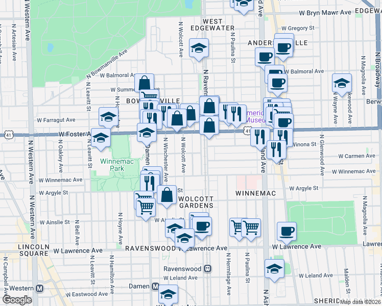 map of restaurants, bars, coffee shops, grocery stores, and more near 5070 North Ravenswood Avenue in Chicago